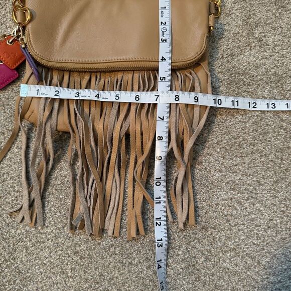 Claudia G camel tan supple genuine leather fringe foldover crossbody bag - Picture 11 of 12